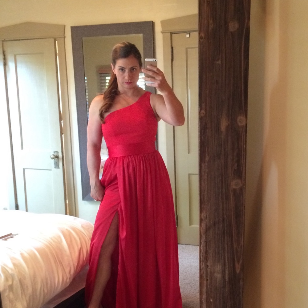 David's Bridal Red Asymmetrical Slit Gown